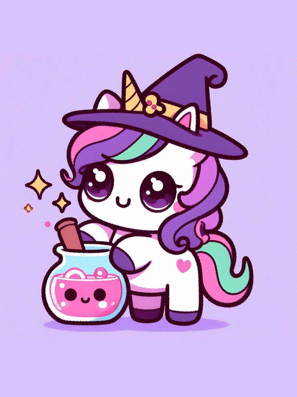 halloween unicorn illustration ideas featuring a cute unicorn in a witch hat stirring a magical potion with a pumpkin-pink liquid, surrounded by sparkles, creating a whimsical Halloween theme.